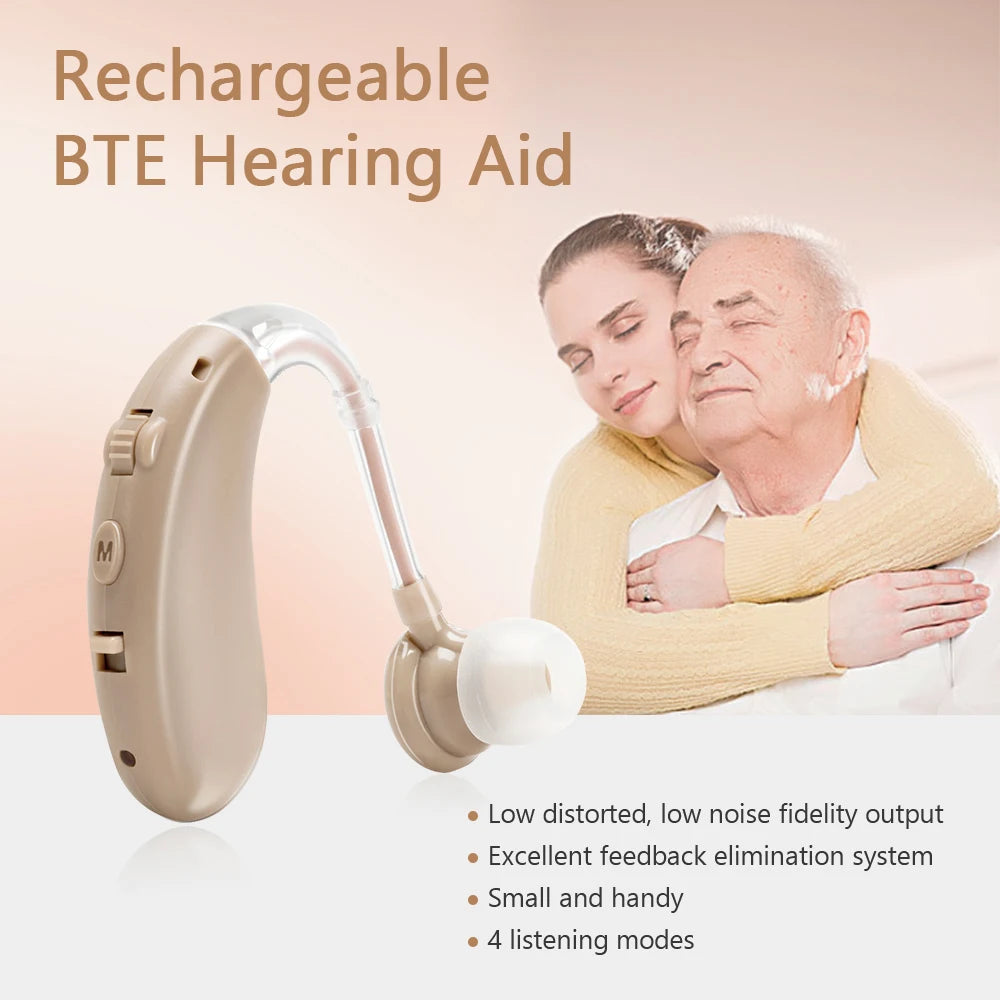 Advanced rechargeable hearing aid with clear sound, customizable comfort settings.