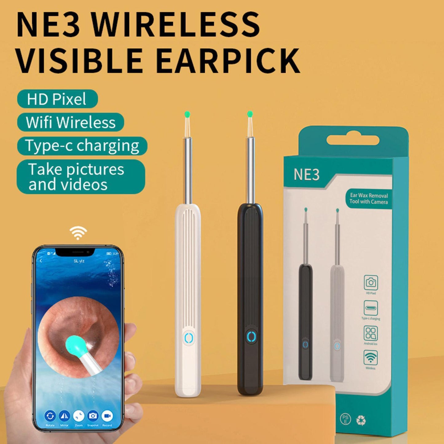 Wireless Smart Visual Ear Cleaner Otoscope Ear Wax Ear with Ear NE3 Cleaning Kit Removal Sticks Endoscope Camera Tool Kit