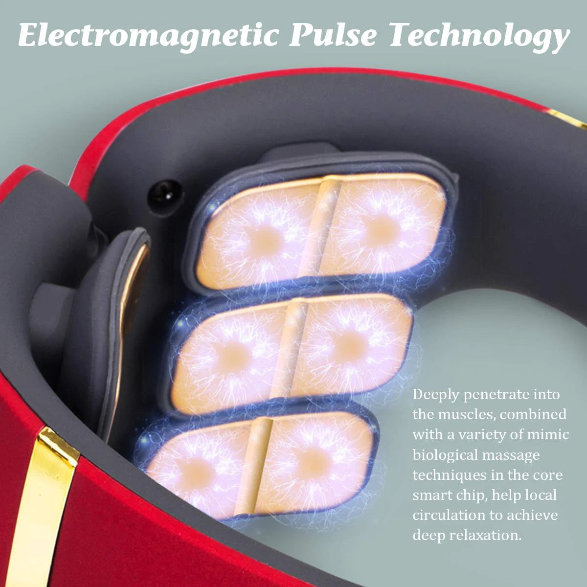 Relaxation device uses electromagnetic pulse tech to penetrate muscle, promote circulation.