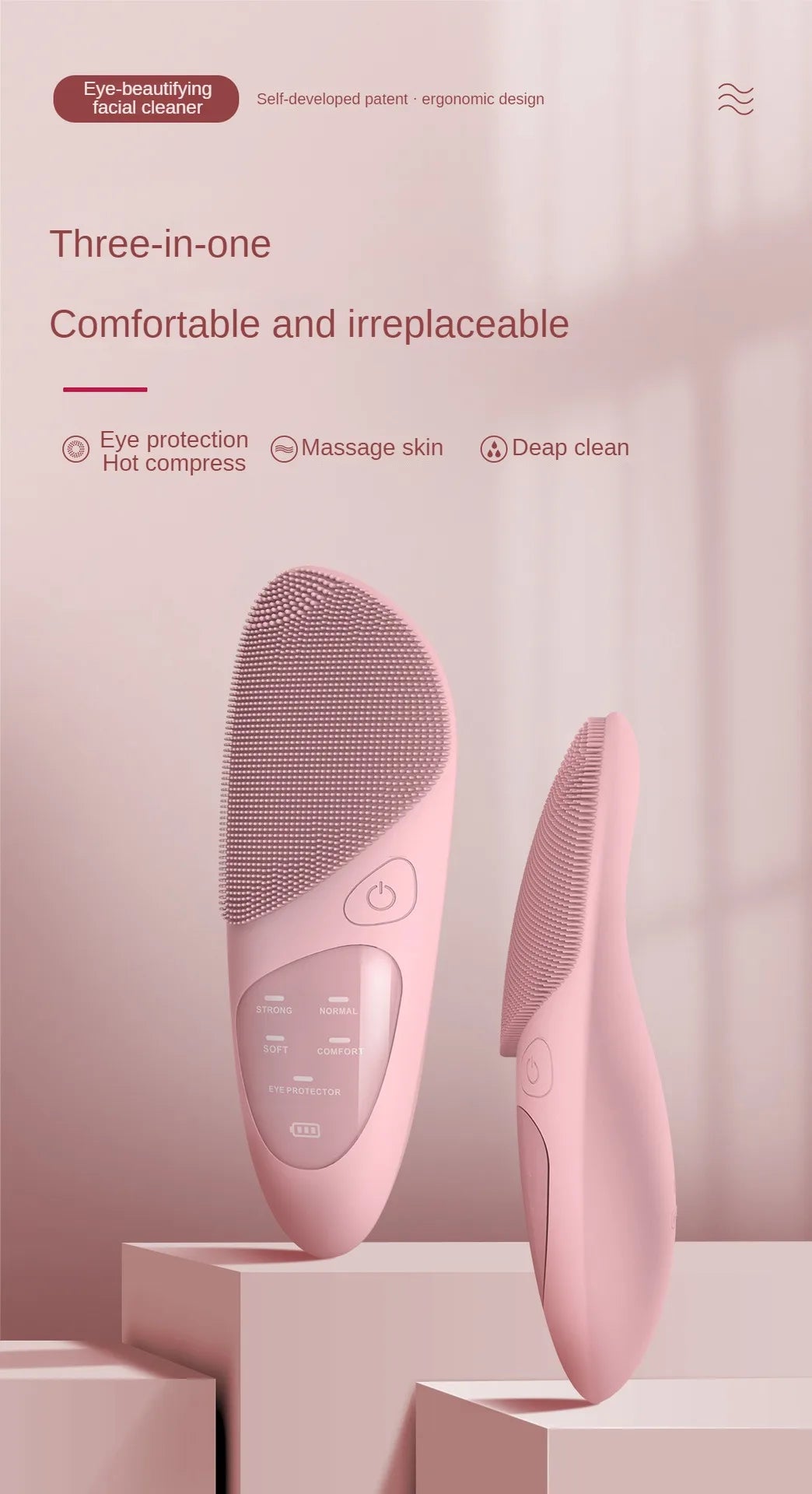 Ergonomic facial cleaner with massage, cleanse, compress, and protect features.