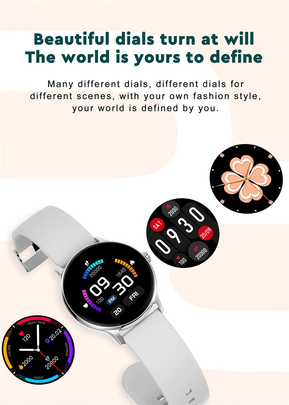 Customizable watch with interchangeable dials, heart rate monitoring, GPS, and water resistance.