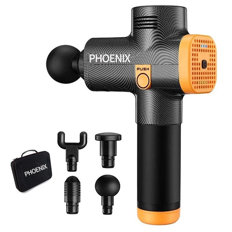 Pistola de massagem Phoenix A2 Relaxamento muscular Pistola de fáscia de tecido profundo Terapia dinâmica Vibrador Modelador Alívio da dor Massageador de pés traseiros