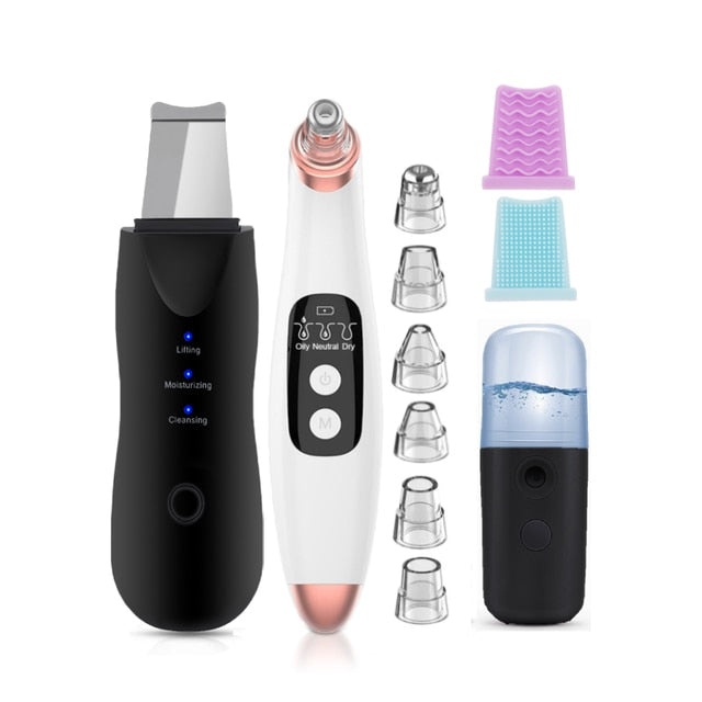 Purificador de pele ultrassônico + removedor de cravo elétrico limpador de poros + nano spray vaporizador facial + instrumento massageador facial + beleza dos olhos