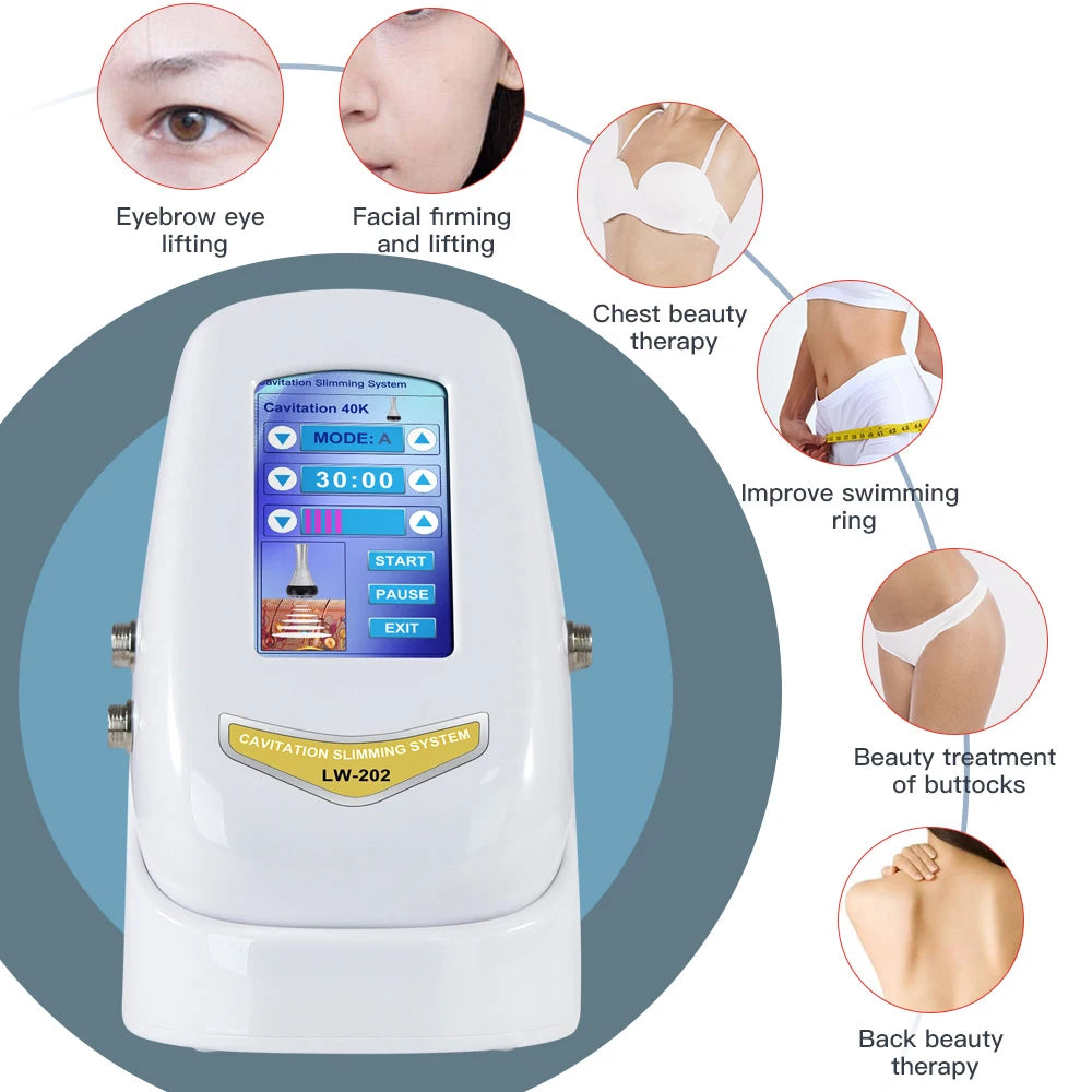 Ultrasonic cavitation device for firmer face, shaped eyebrows, and slimmed body.