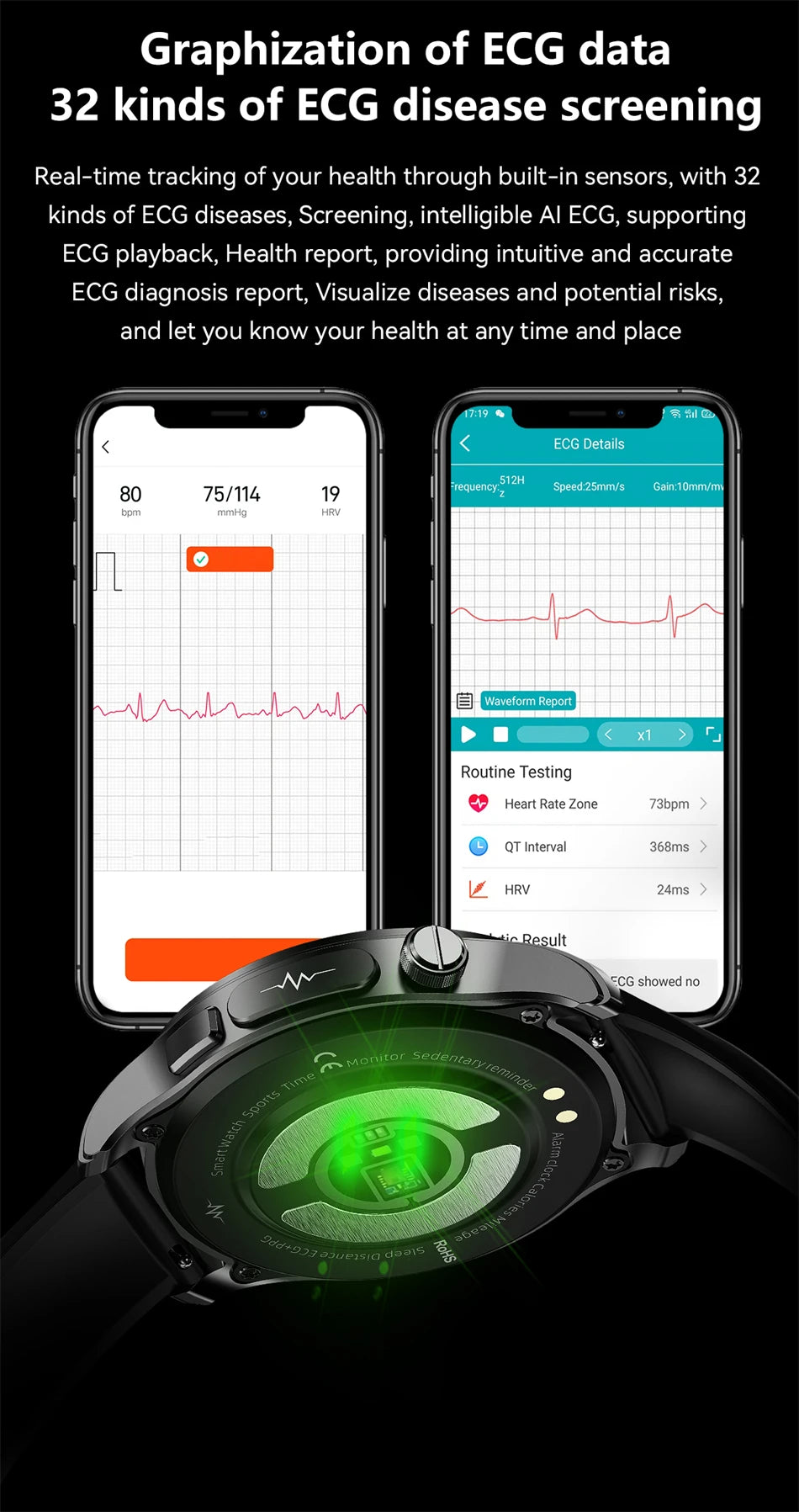 Monitor health with this smart watch, tracking ECG data and detecting cardiovascular diseases.