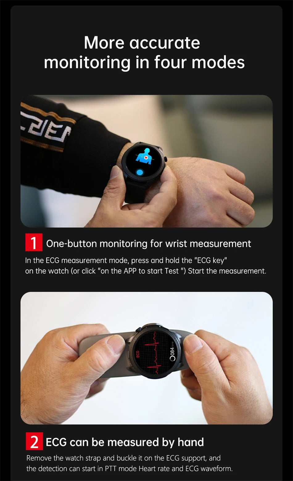 Smartwatch for monitoring health, including ECG readings, heart rate, and blood oxygen levels.