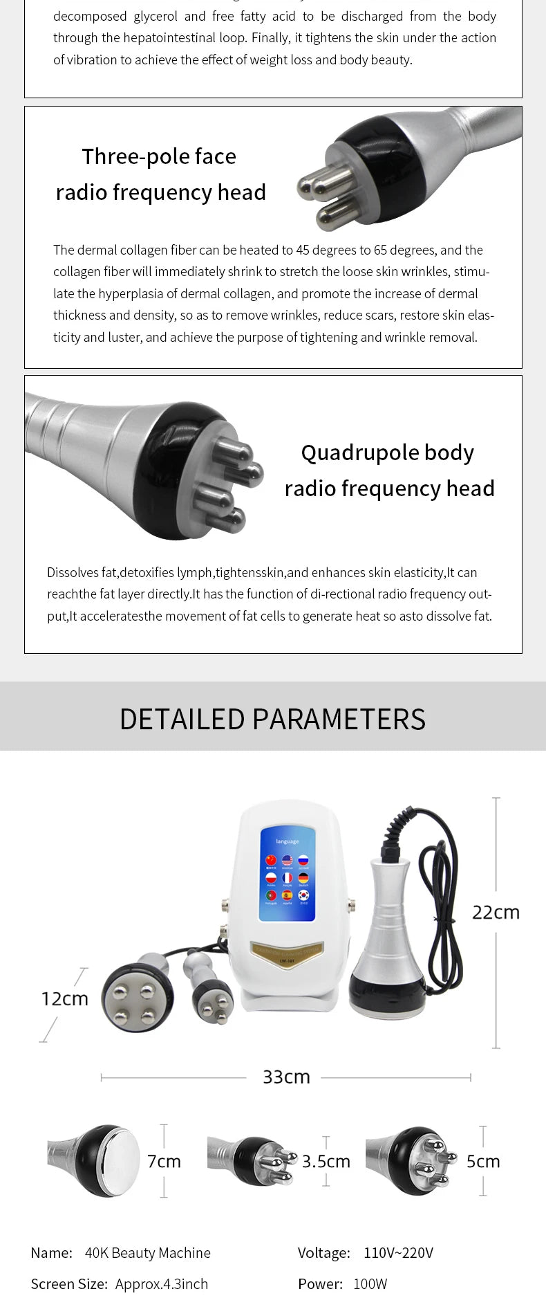 Non-invasive fat reduction and anti-aging device using radio frequency cavitation technology.