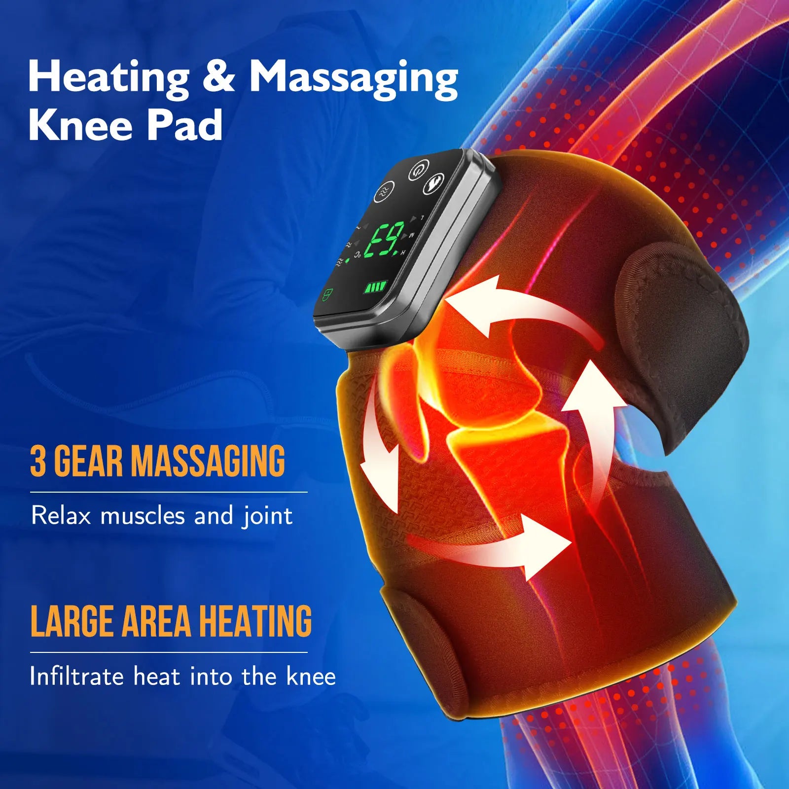 Heated massager relieves knee pain with soothing warmth and gentle vibrations.