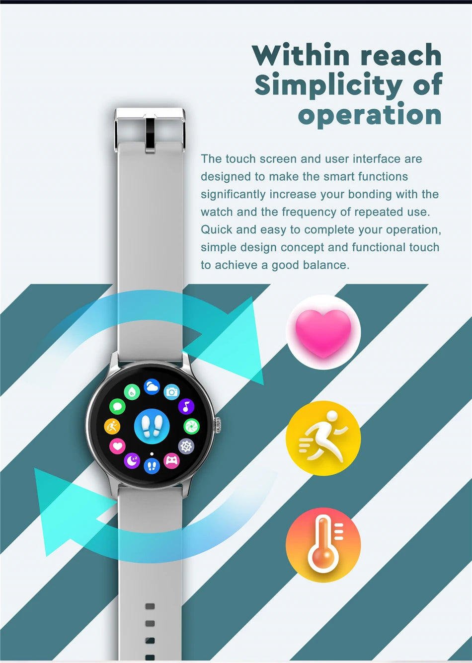 User-friendly smartwatch with simple design for easy navigation and frequent use.