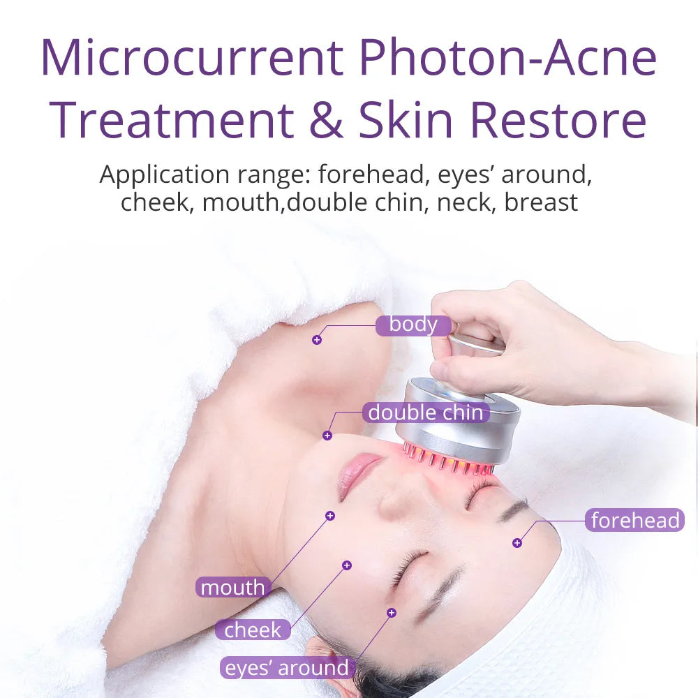 Multi-functional tool for spa or home use, treats acne and restores skin on various facial areas.