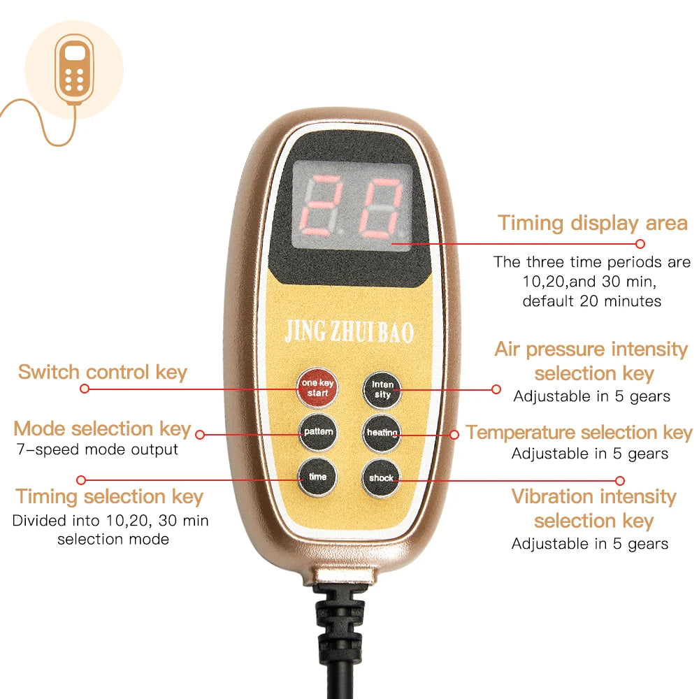 Adjust settings: time, air pressure, heat, vibration, and timing.