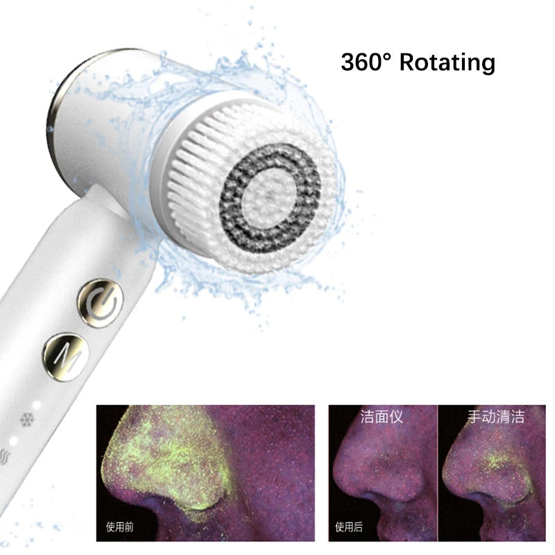 Multi-functional electric facial brush with hot and cool settings for deep cleaning and skin firming.