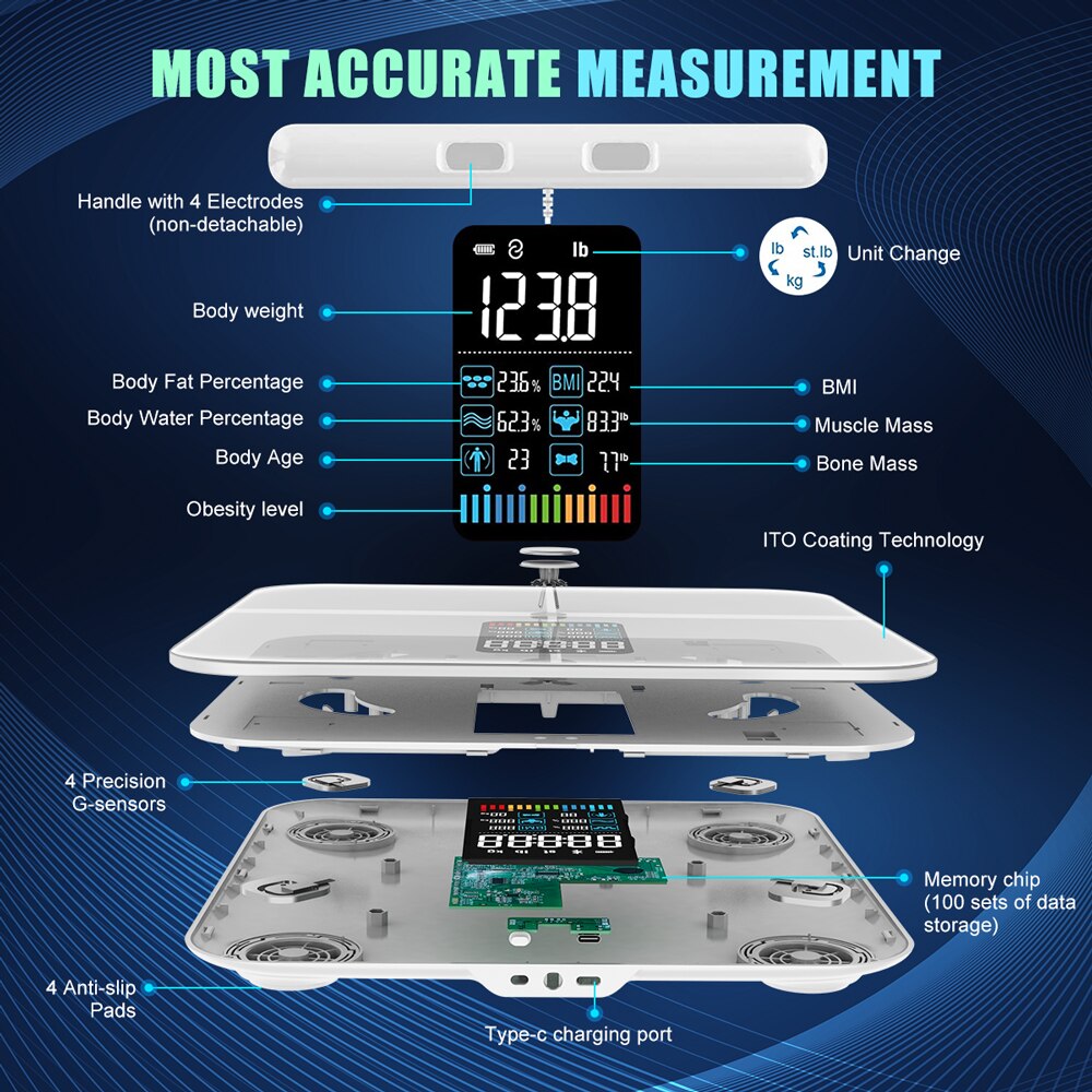 Bilancia pesapersone INSMART a 8 elettrodi Bilancia bilancia intelligente con bilancia digitale a schermo BMI Bilancia pesapersone Bluetooth per grasso corporeo