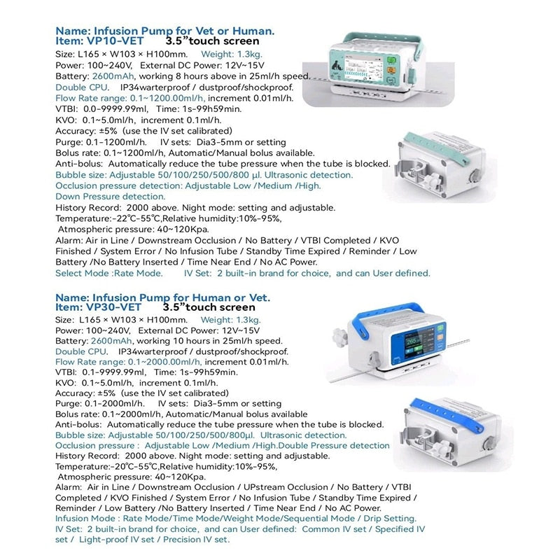 Rango de caudal alto para bomba de infusión humana o veterinaria Pantalla táctil colorida de 3,5” Monitoreo dinámico de presión DPS Pantalla en tiempo real