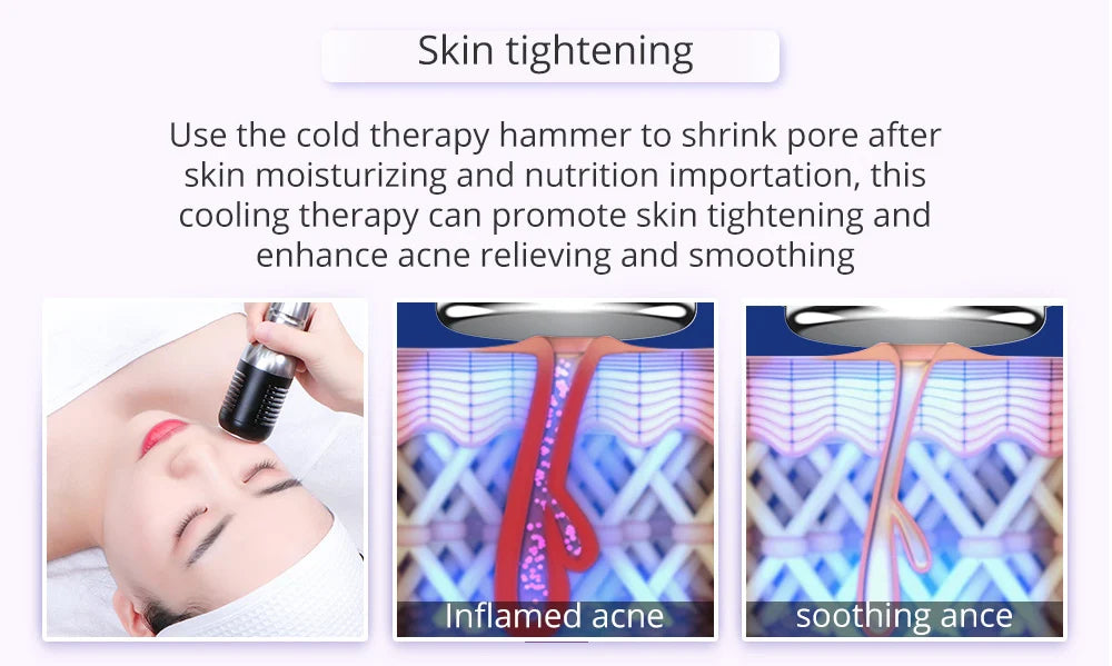 Skin tightening, pore shrinking, and acne relief with a cold therapy hammer after moisturizing.