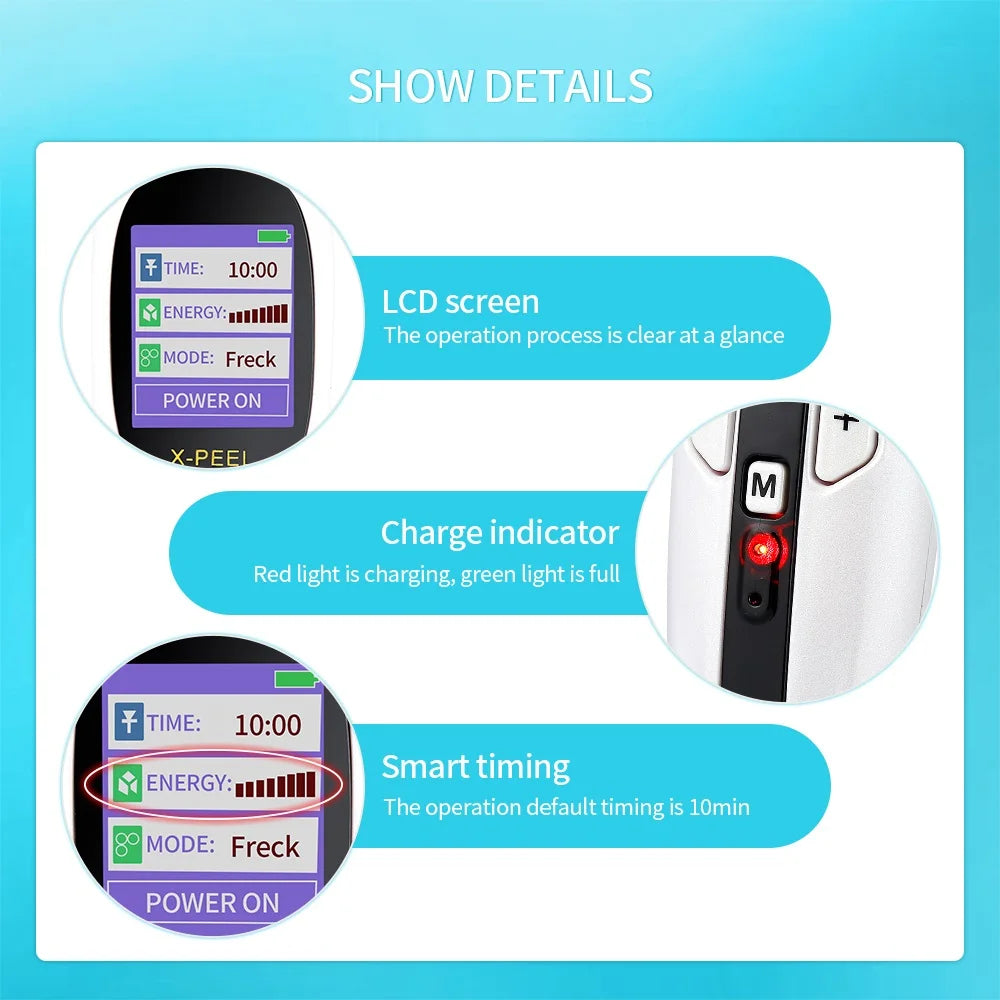 Operating details for LCD screen with freckle removal, charging indicator, smart-timing, and easy power-on.