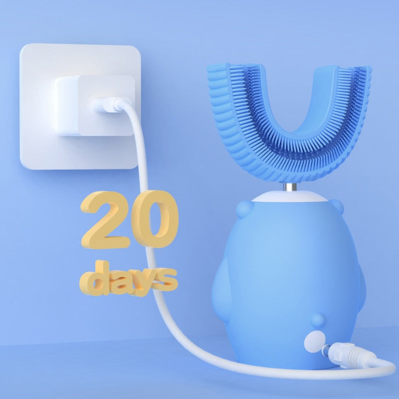 360° Sonic Electric Toothbrush for Kids Children U Shape Automatic Silicone Tooth Brush Smart Timer Rechargeable Blue Light IPX7