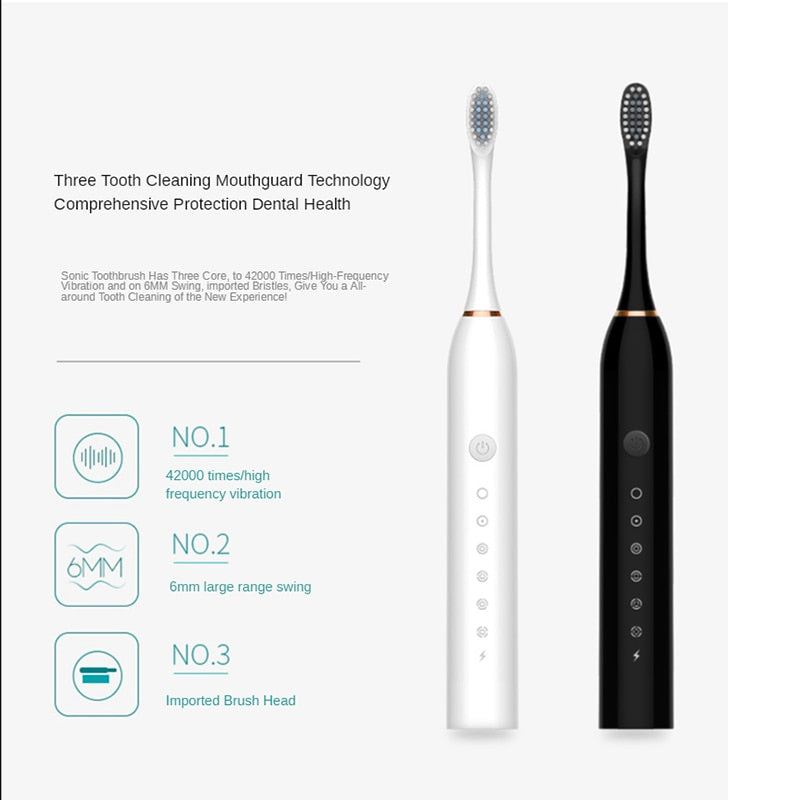 Escova de dentes elétrica sônica ultrassônica automática USB recarregável IPX7 à prova d'água escova de dentes substituível cabeça de escova de dentes J189