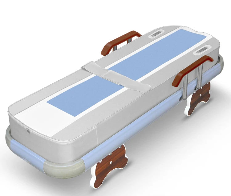 Multifunctional massage bed with S-shaped track, leather bed frame, and 15 jade wheels.