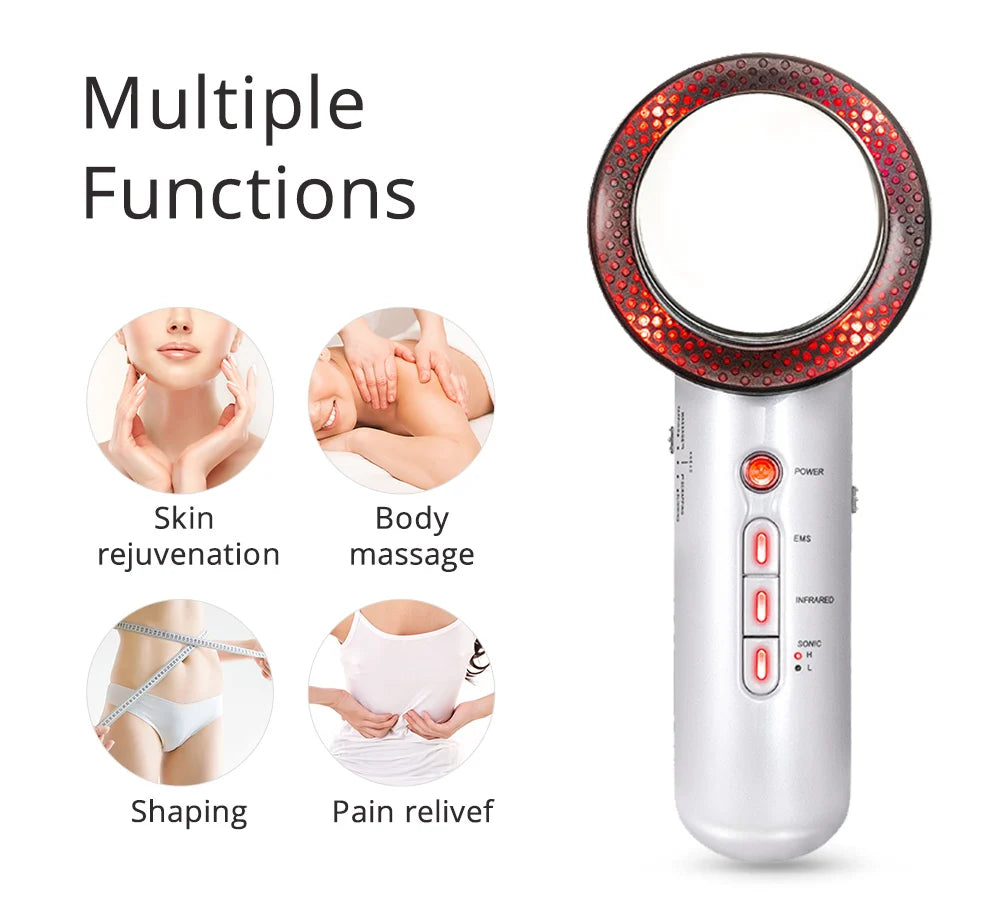 Device for skin rejuvenation, body shaping, and pain relief using microcurrents and ultrasonic cavitation.