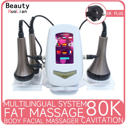 Nova máquina de emagrecimento de cavitação 3 em 1 80K ultrassônica para modelar o corpo massagem RF dispositivo de levantamento de aperto da pele facial com suporte