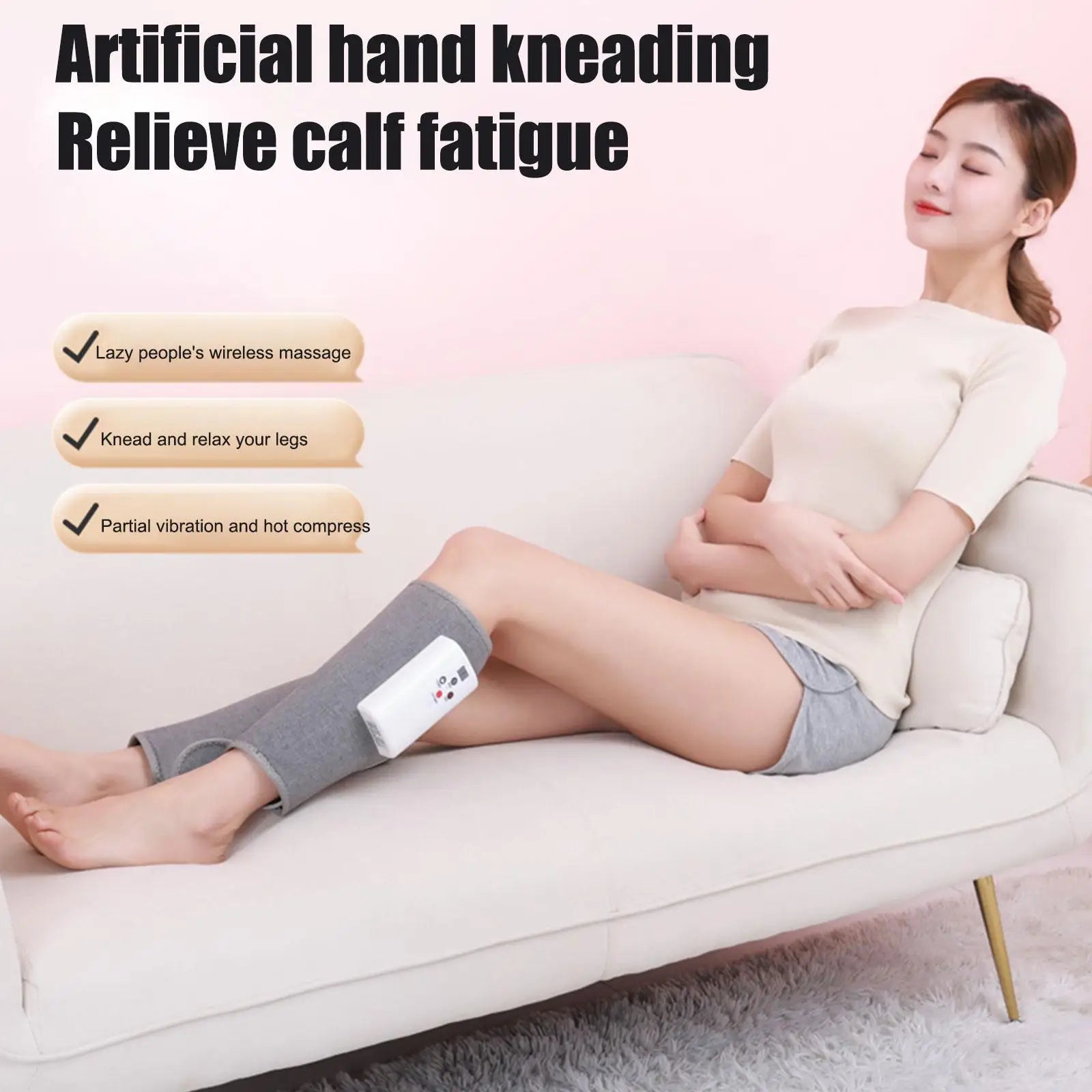 Relaxing calf massager for fatigue relief with kneading, vibration, and warmth.