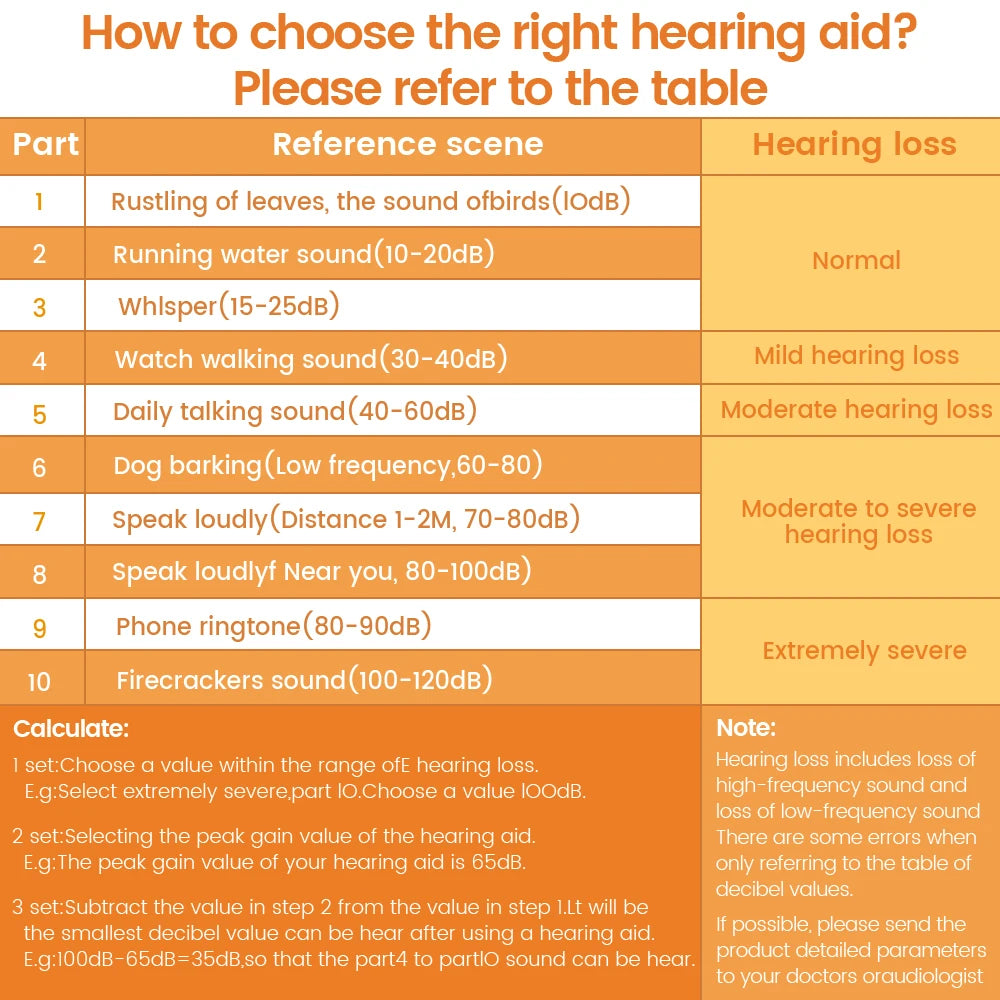 Hearing aid with adjustable sound and rechargeable battery, designed for elderly individuals with hearing loss.