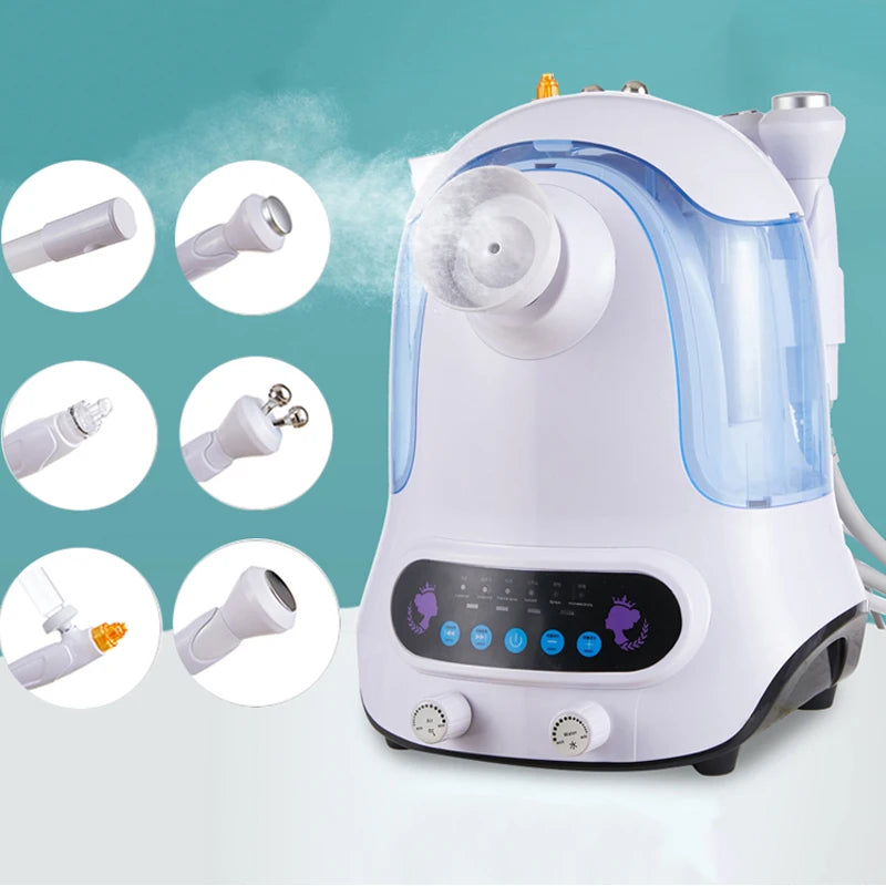 Electric facial steamer for skin rejuvenation and tightening, with multiple functions and interchangeable plug types.