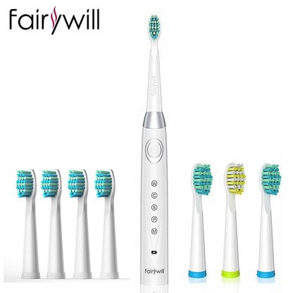 Fairywill Sonic Electric Toothbrush FW-508 USB Charger IPX7 Waterproof Electronic Toothbrush with 8 Replacement Brush Heads