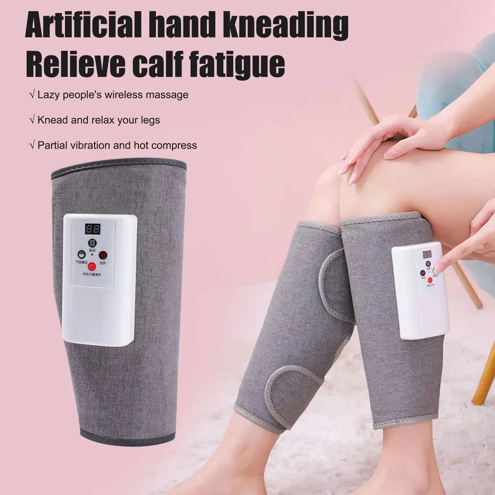 Relaxing calf massage device provides relief from fatigue through kneading, vibration, and heat.