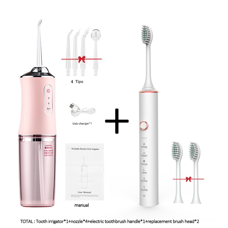 Oral irrigator portable dental water flosser with 4 nozzles usb rechargeable electric toothbrush ipx7 replacement brush head