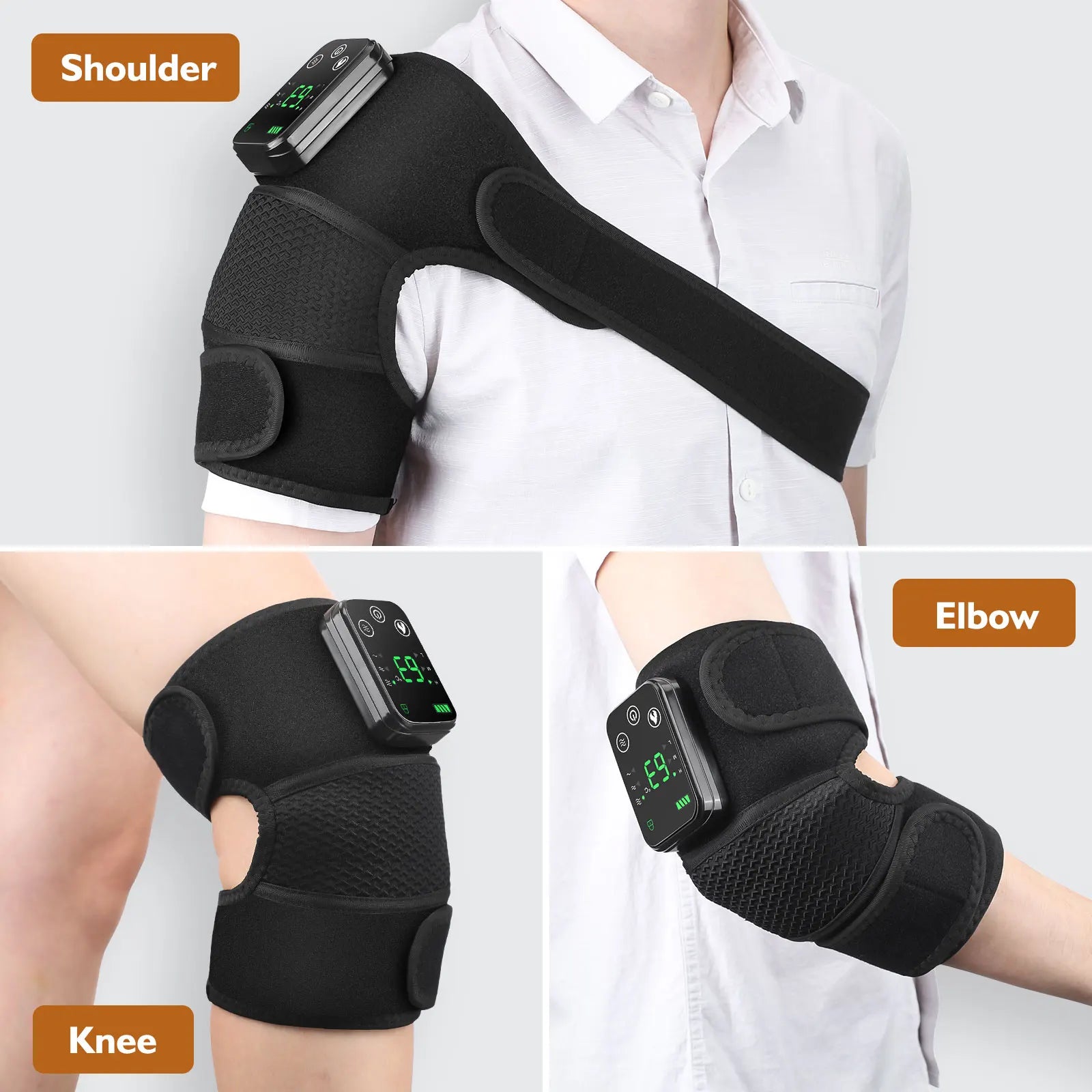 Wrap-and-lock heat pad stays securely on legs or arms, freeing hands from holding.