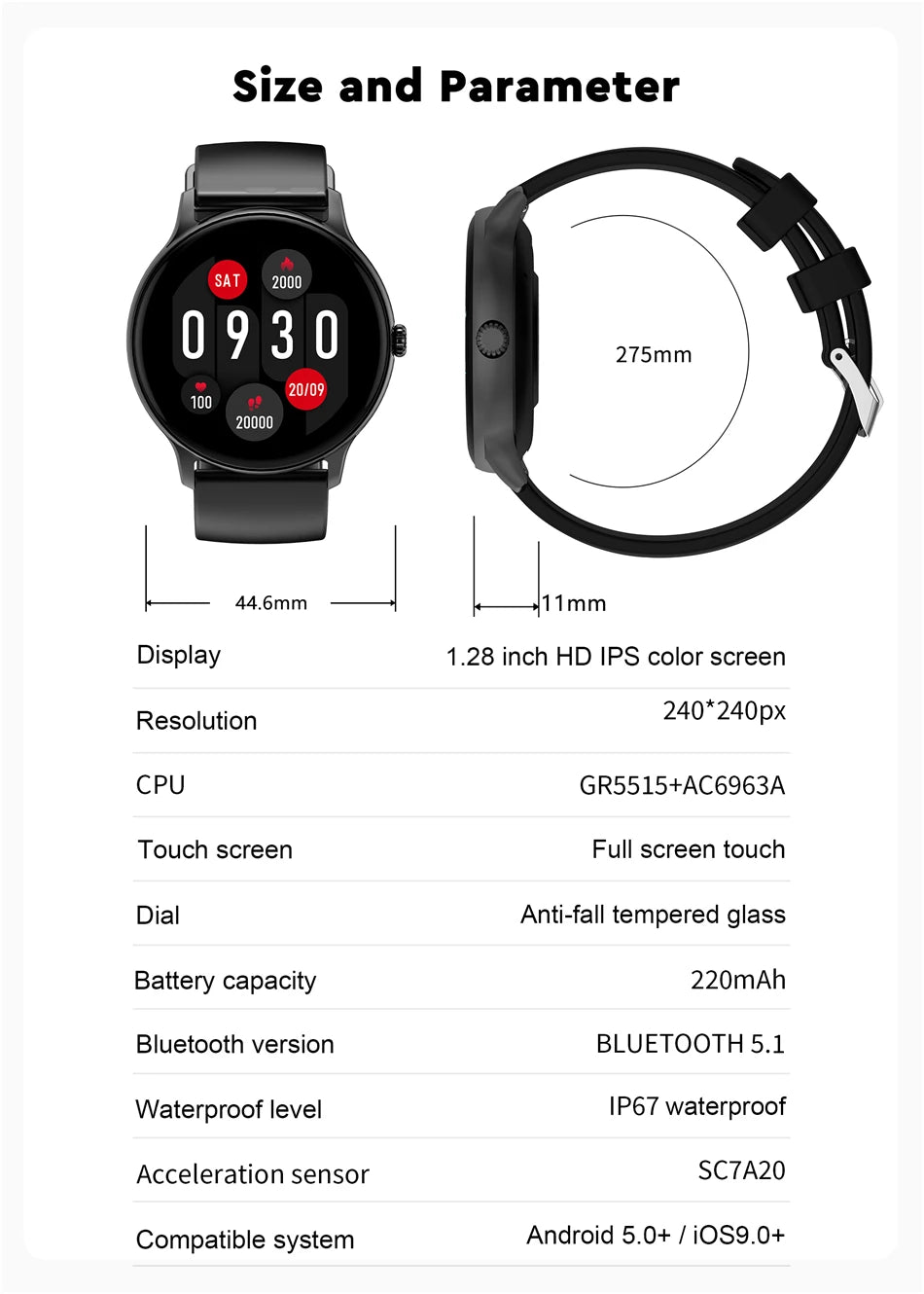 Smart watch for men and women with Bluetooth, touch screen, fitness tracking, GPS, and water resistance.