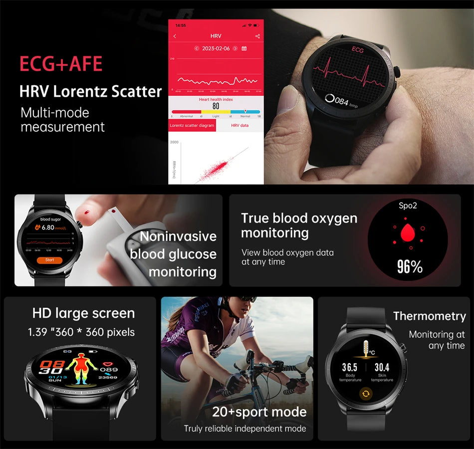 2023 New Blood Glucose Monitor Smart Watch with advanced health monitoring features and clear data display.