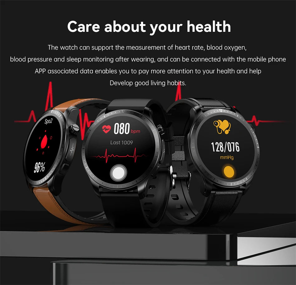 Smartwatch tracks vital signs and connects to phone for health monitoring and habit development.