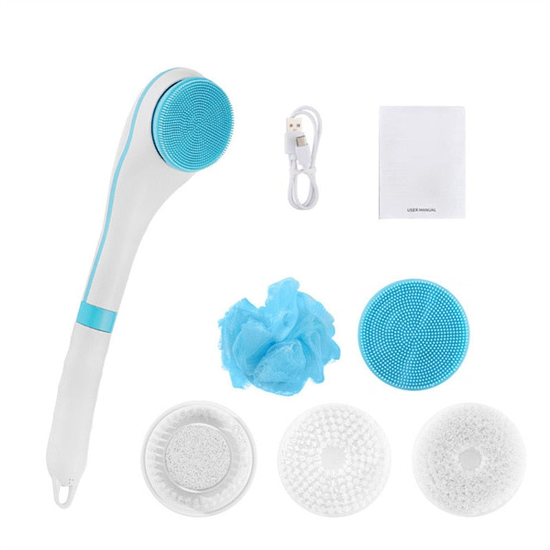 Electric Body Bath Brush Long Handled Body Scrubber And Facial Cleaning Brush Rechargeable Shower Brush 4 Spin Massage Heads