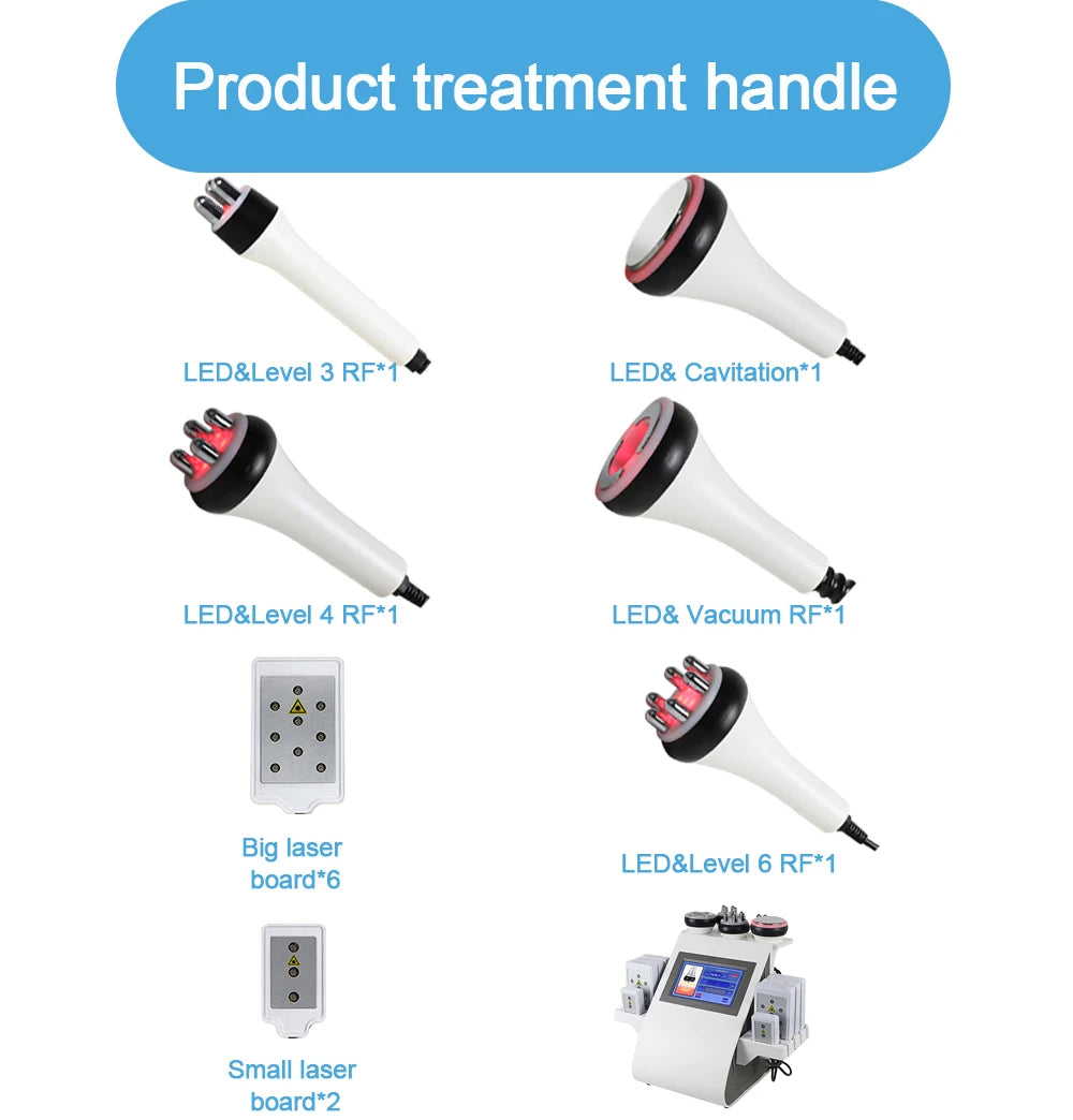 Multi-level treatment system with RF, cavitation, vacuum, laser, and LED features.