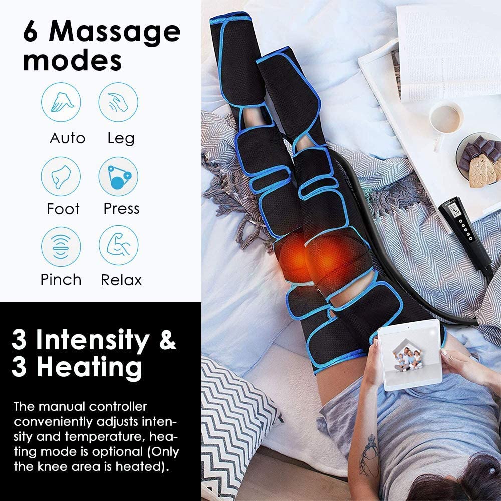 Jambe-Massager Compression pour cuisse mollet Massage des pieds Muscles soulagement de la douleur bottes dispositif avec contrôleur portable genou-chaleur