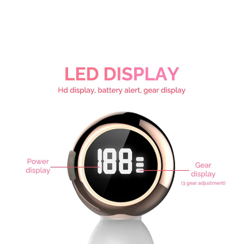 Cordless vacuum features LED display showing battery level and alerts.