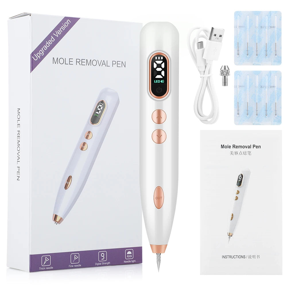 Remove moles and warts with a 9-gear LED pen, easy to use and rechargeable via USB.