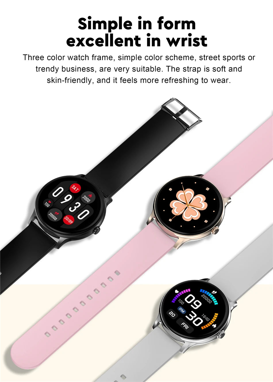 Smart watch with full touch screen, fitness tracking, GPS, and waterproof design for women and men.