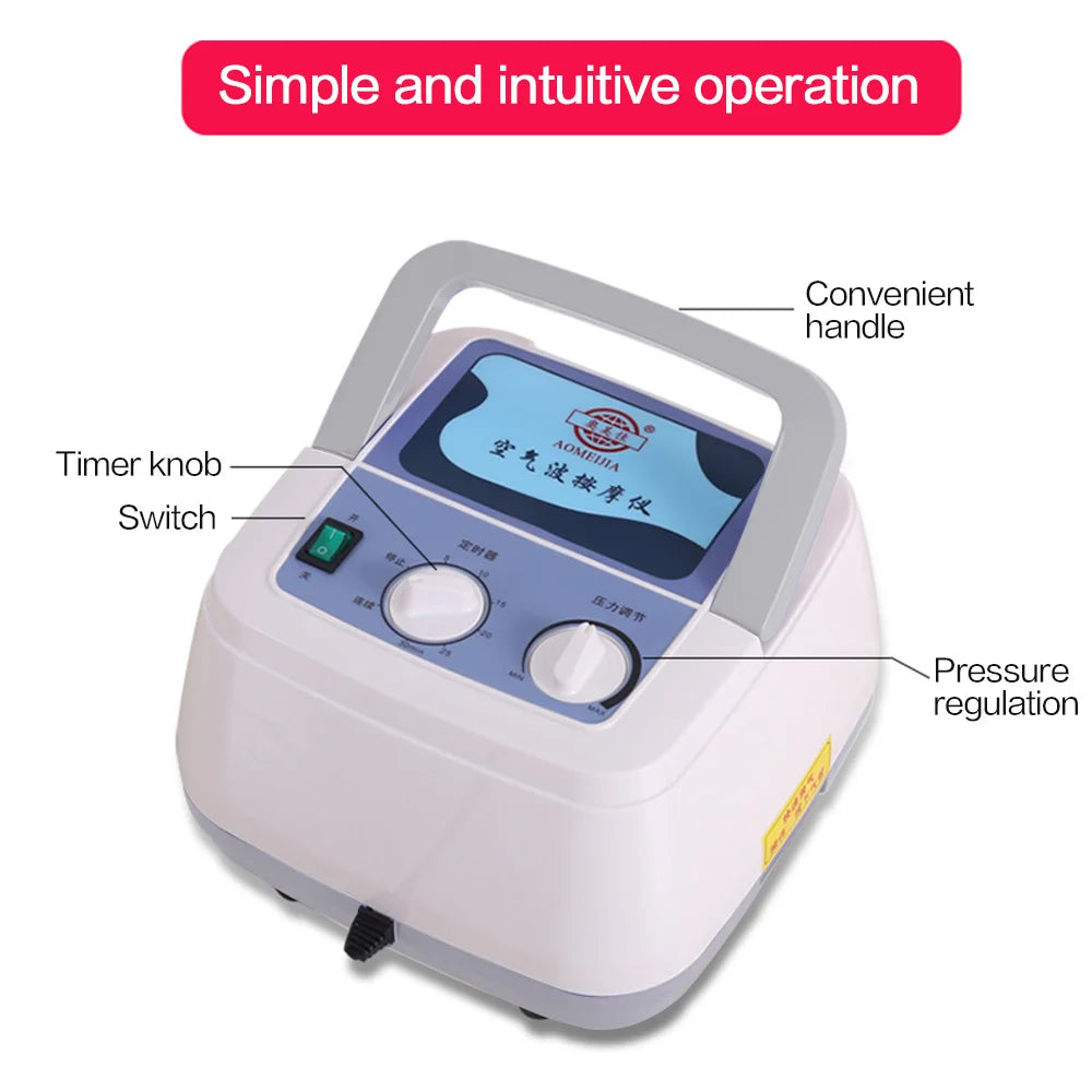 Compression therapy device with easy-to-use design, handle, timer, and regulator for simple treatment.