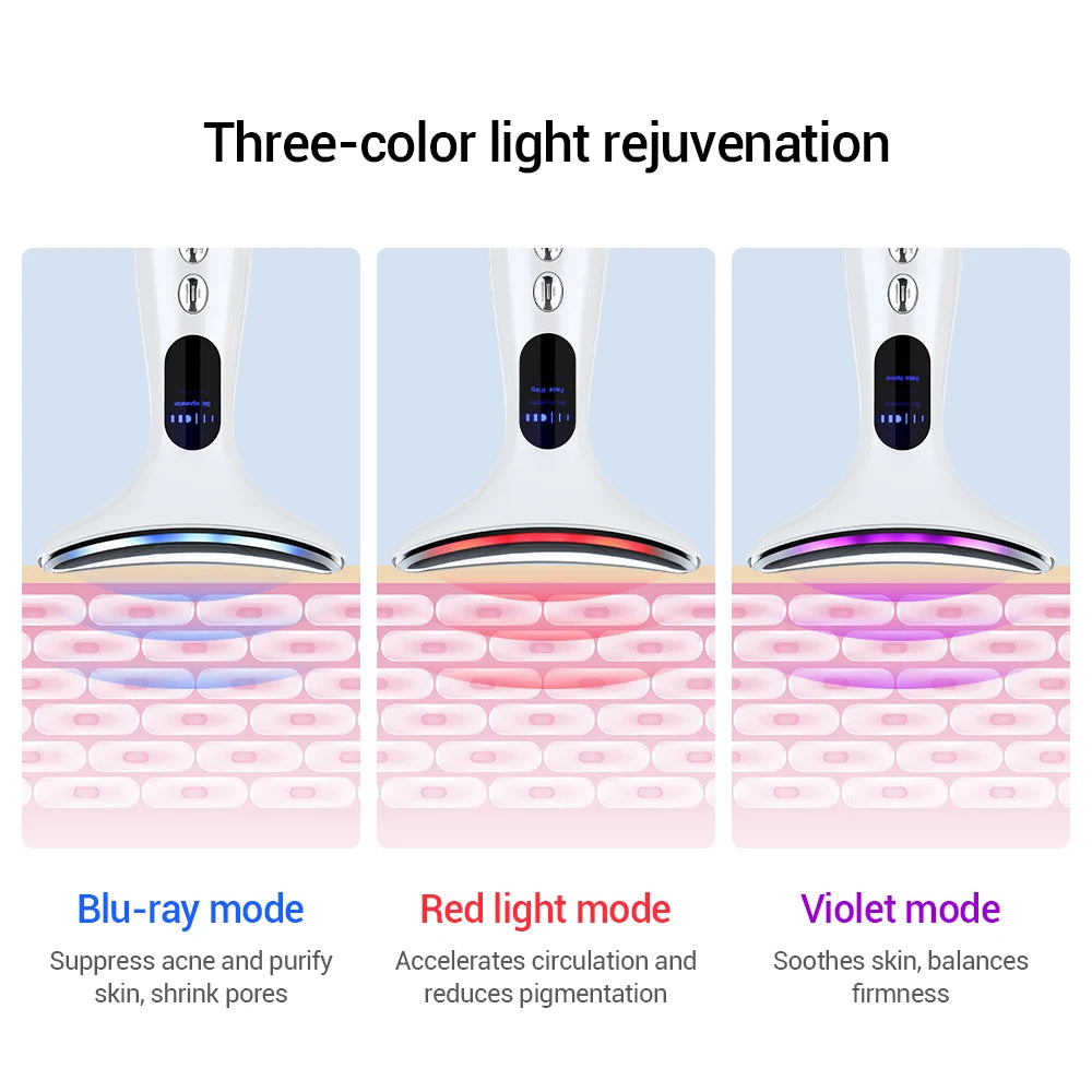 Rejuvenating LED Face Massager with three modes: blue for acne, red for circulation, and violet for skin purification.