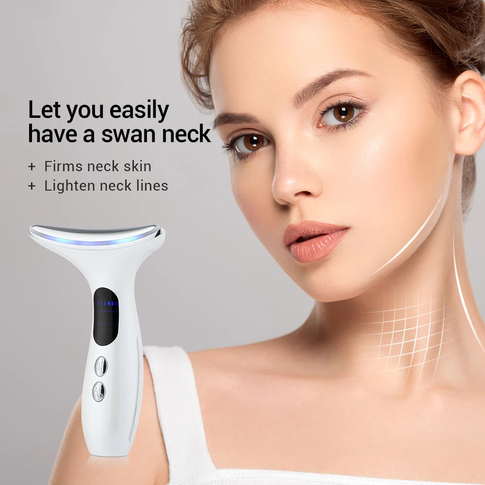 Anti-aging device for smoothing and lightening fine lines, elevating neck and skin for a radiant complexion.