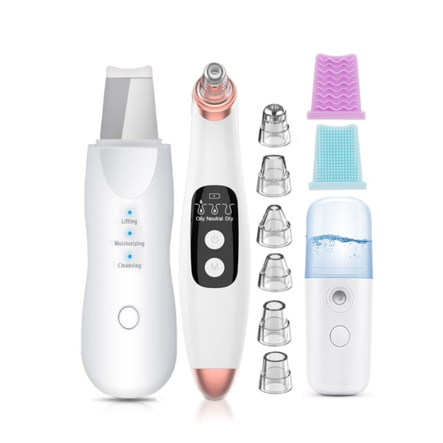 Purificador de pele ultrassônico + removedor de cravo elétrico limpador de poros + nano spray vaporizador facial + instrumento massageador facial + beleza dos olhos