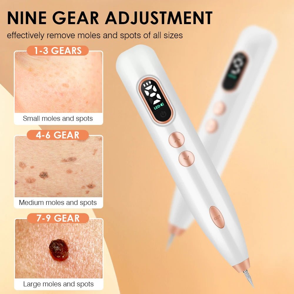 Removes moles and spots with adjustable 9-gear device and LED lighting.