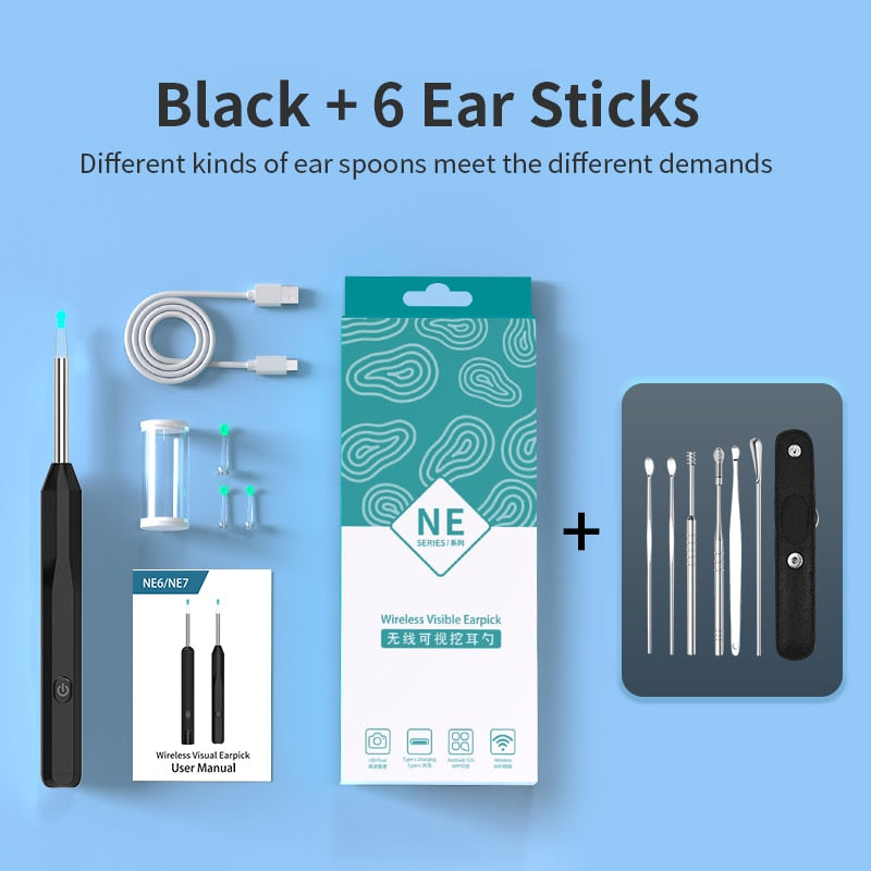 Removedor de cera de ouvido sem fio NATFIRE NE6 Otoscópio Luminoso Limpador de ouvido 1296P HD Visual Ear Sticks Endoscópio Mini câmera Cuidados de saúde