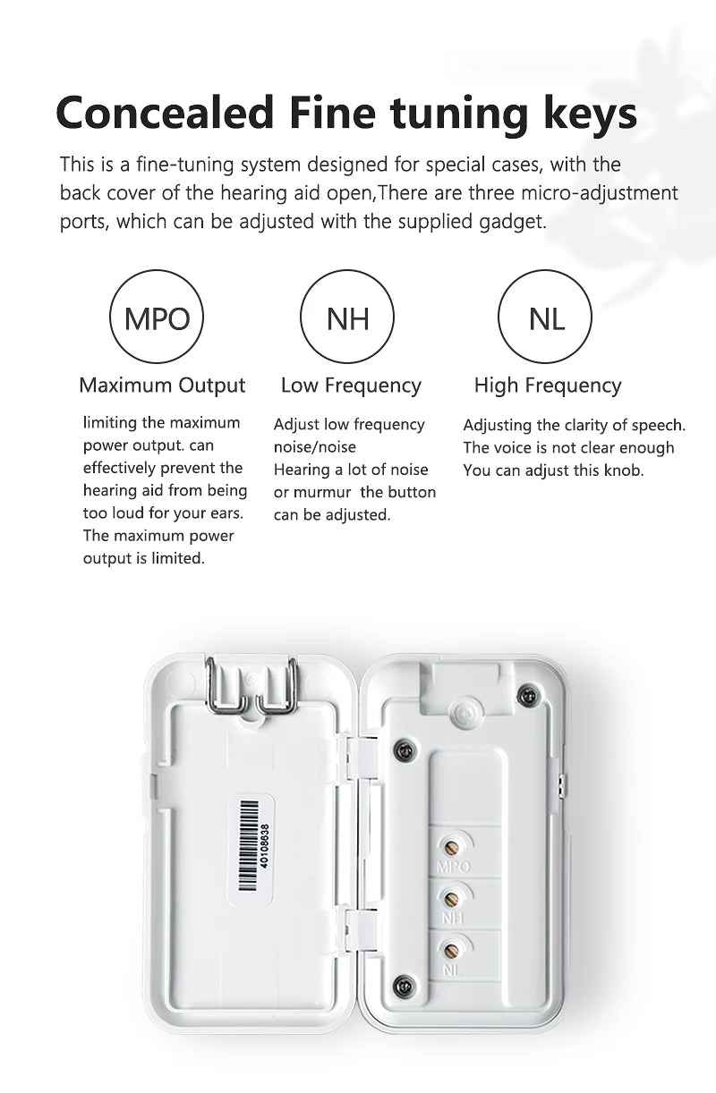 Fine-tune hearing aid with micro-adjustment ports for customizable sound experience.