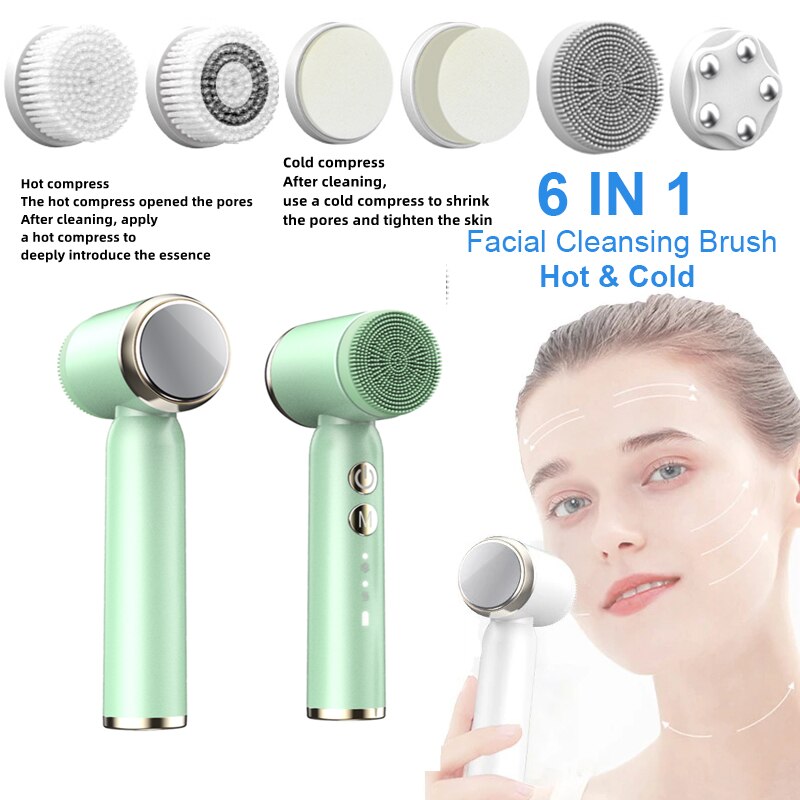 New 6 In 1 Hot Cool Electric Face Cleansing Brush Deep Pore Cleaner LCD Display Vibration Face Lifting Skin Firming Massage