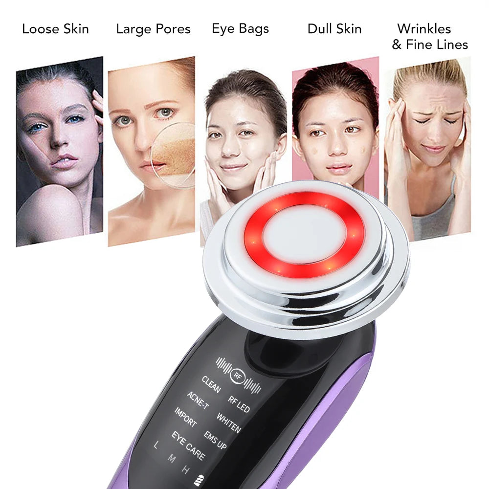 Multi-functional beauty device with LED photon facial massager and ultrasonic skin scrubber.